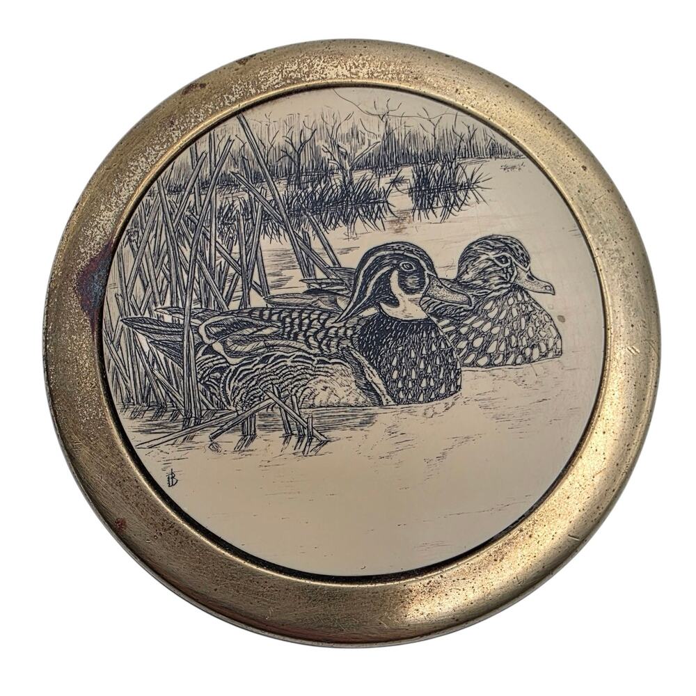 Vintage Barlow Brass Paperweight Mallard Ducks Etched Design Round 3.5”